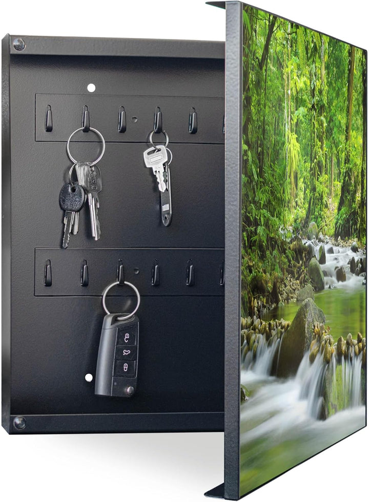 banjado® Grosser Schlüsselkasten Glas/Schlüsselbox 30cm x 30cm mit 50 Haken - Motiv Wasserfälle/Schl