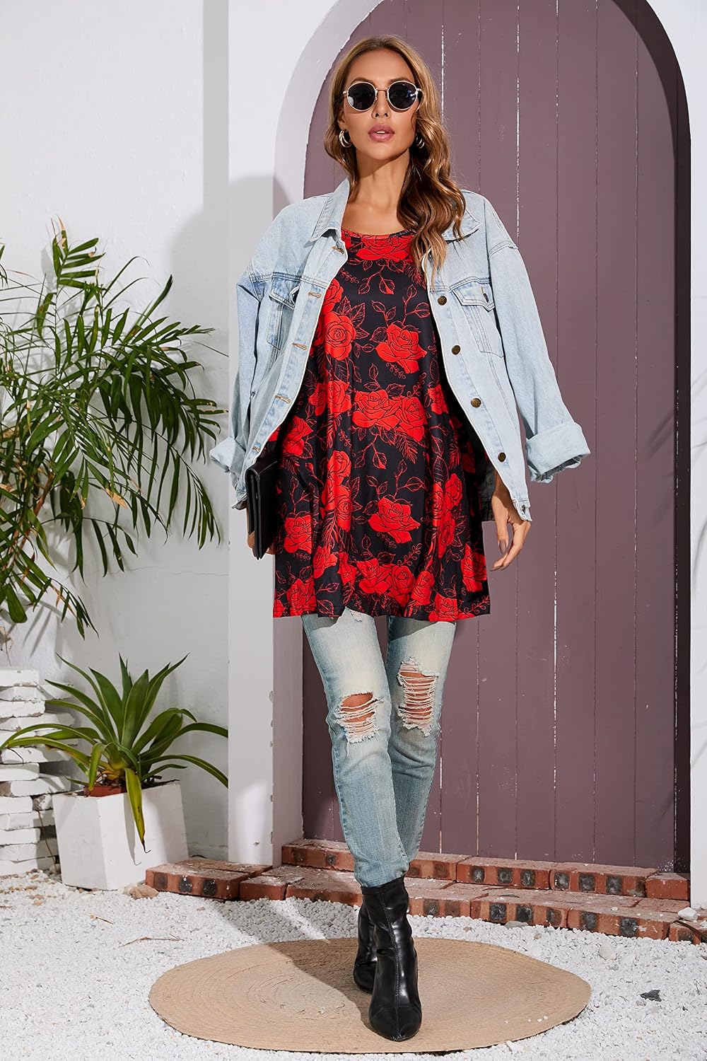 Enmain Damen Tunika Shirt Langarm/Kurzarm Bluse mit Blumen Longshirt Casual Elegante 3/4 Ärmel Rundh