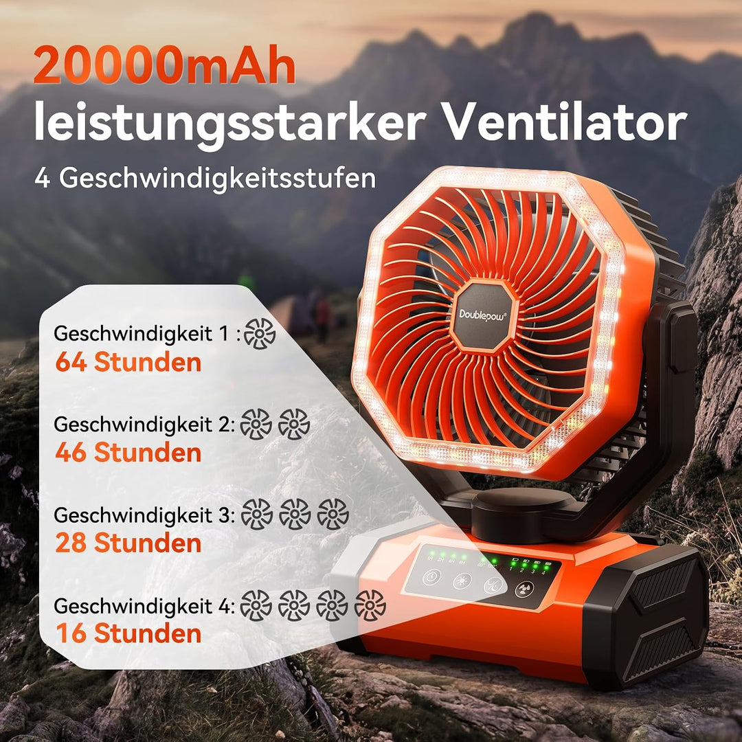 20000mAh Camping Ventilator, Aufladbare Akku Ventilator, Tragbarer Ventilators mit LED Licht, 120° O