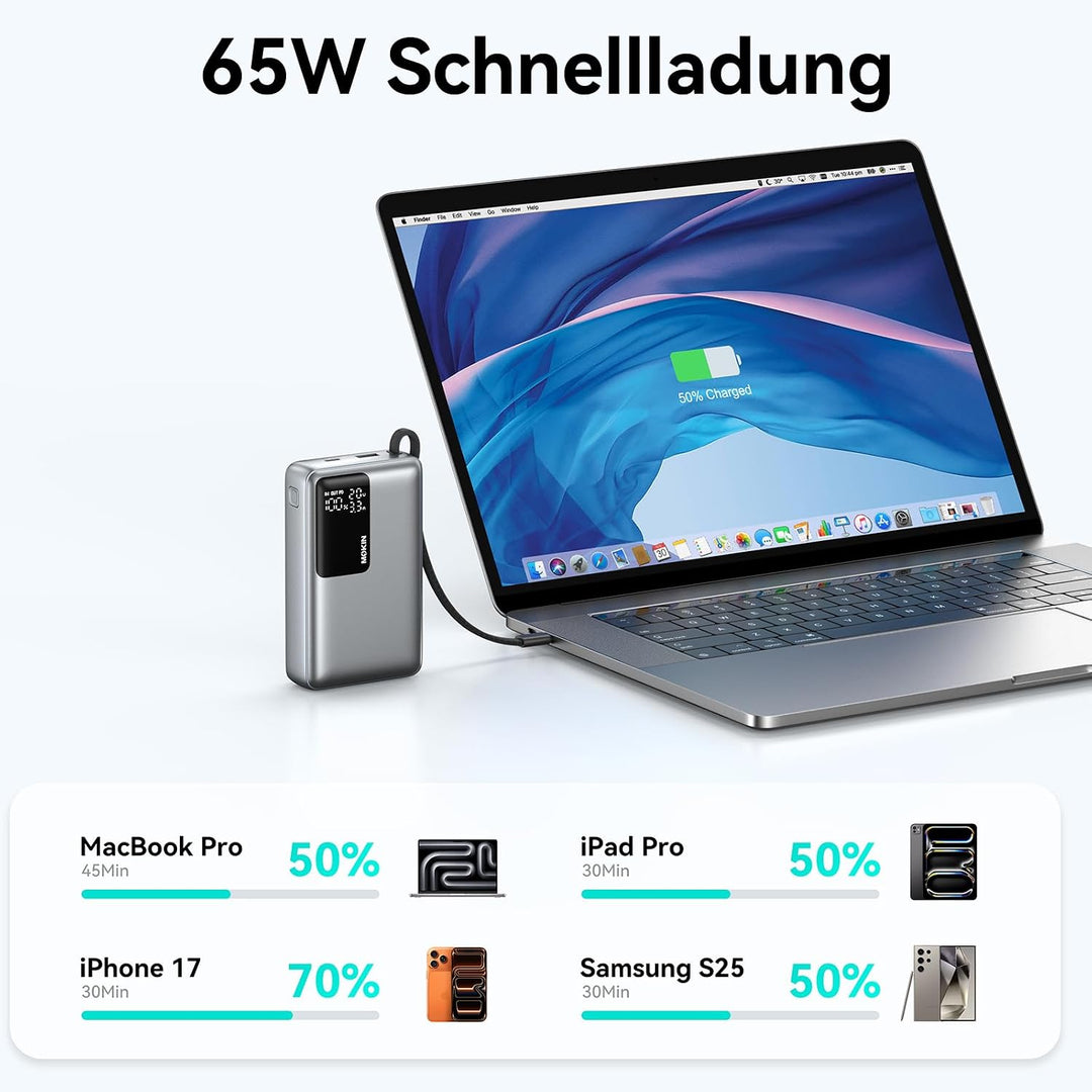 Power Bank, 65W 20000mAh Powerbank Schnellladefunktion USB C PD3.0 & QC4.0 Tragbarer Externer HandyA