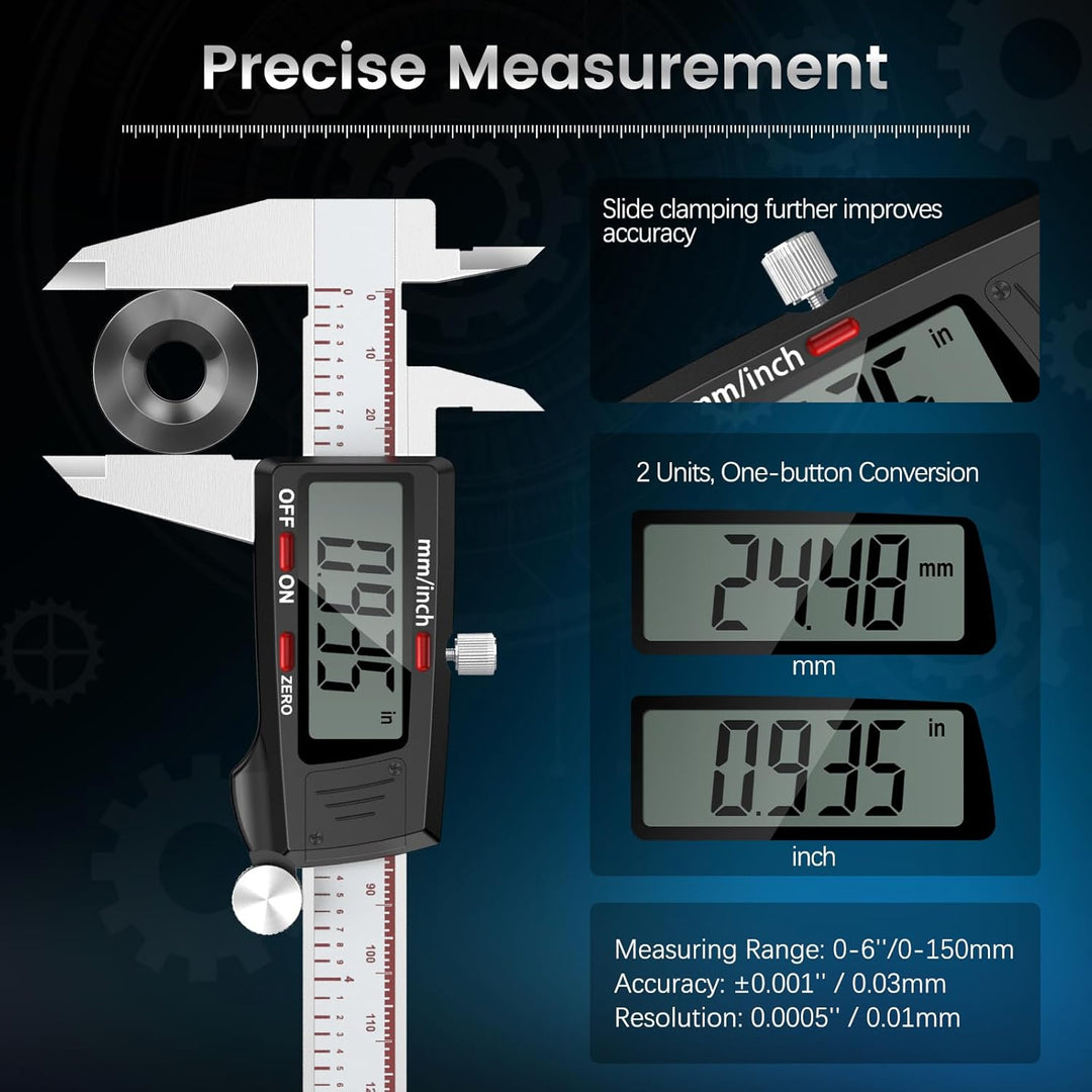 Housolution Digitaler Messschieber 6 Zoll, Messschieber mit grossem LCD-Bildschirm, Zoll/MM, 4 Messw