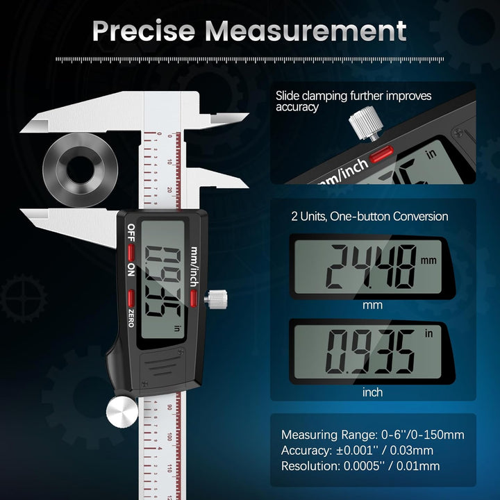 Housolution Digitaler Messschieber 6 Zoll, Messschieber mit grossem LCD-Bildschirm, Zoll/MM, 4 Messw