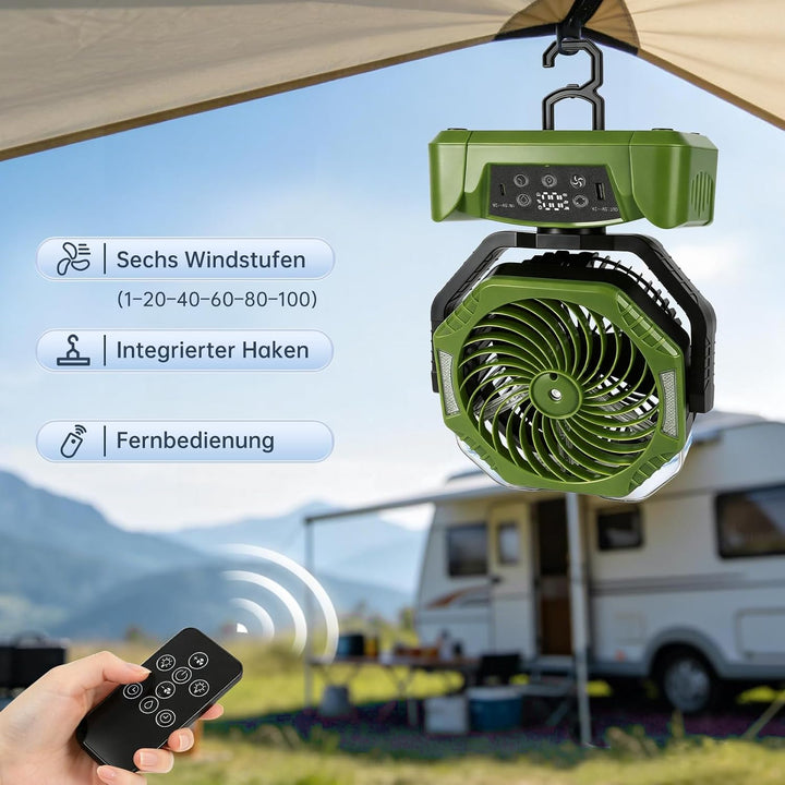 JONRRYIN Camping Ventilator, 20000mAh Akku Ventilator mit Sprühfunktion &amp; USB, Tischventilator mit 3