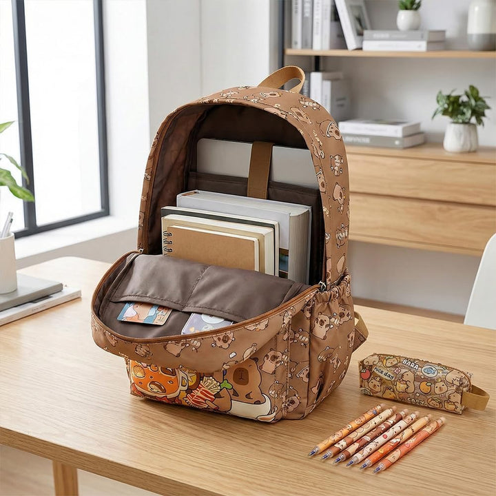 OPVXZAD Capybara Rucksack Set, Schulrucksack Grosse Kapazität mit Capybara Federmäppchen, Stiften &