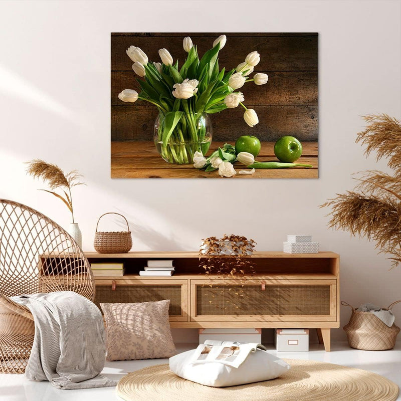 Bilder auf Leinwand 100x70cm Leinwandbild Tulpen Apfel Blumenstrauss Frühling Gross Wanddeko Bild Sc