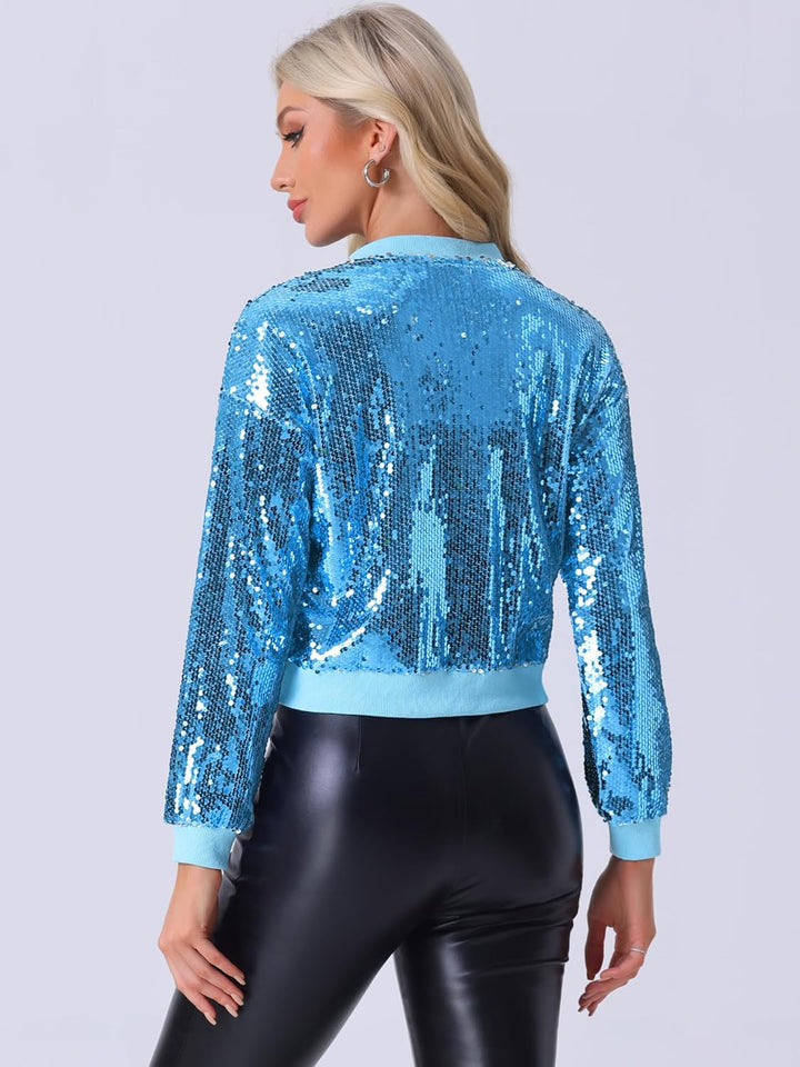 Allegra K Damen Glitzer Jacke Bomberjacke Pailletten Bomber Jacke Langarm Party Club Metallic Sequin