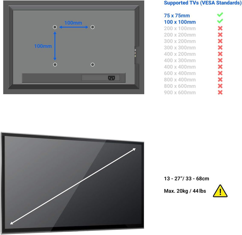 deleyCON Universal TV & Monitor Deckenhalterung 13"-27" Zoll (33cm - 68cm) - Bis 20Kg & VESA 100x100