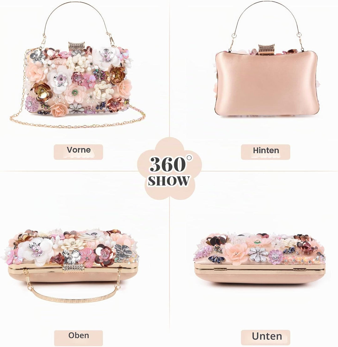 Fecialy Blumen-Clutch-Abendtaschen für Damen mit bunten Blumen-Metall-Strasssteinen Abend-Clutch-Gel