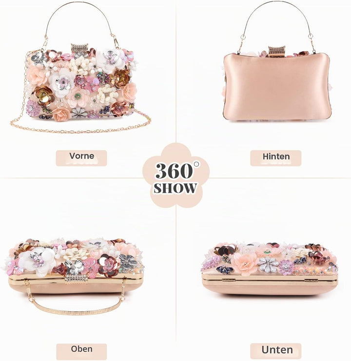 Fecialy Blumen-Clutch-Abendtaschen für Damen mit bunten Blumen-Metall-Strasssteinen Abend-Clutch-Gel