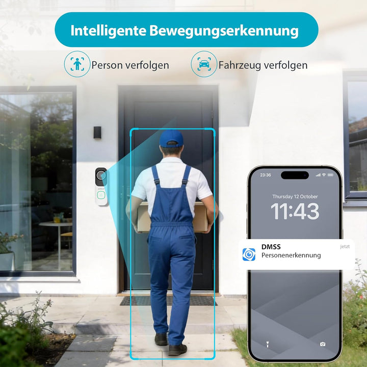Dahua Video-Türklingel - 2K WLAN Türklingel mit Kamera | 4MP, 120° Weitwinkel, KI-Erkennung von Pers