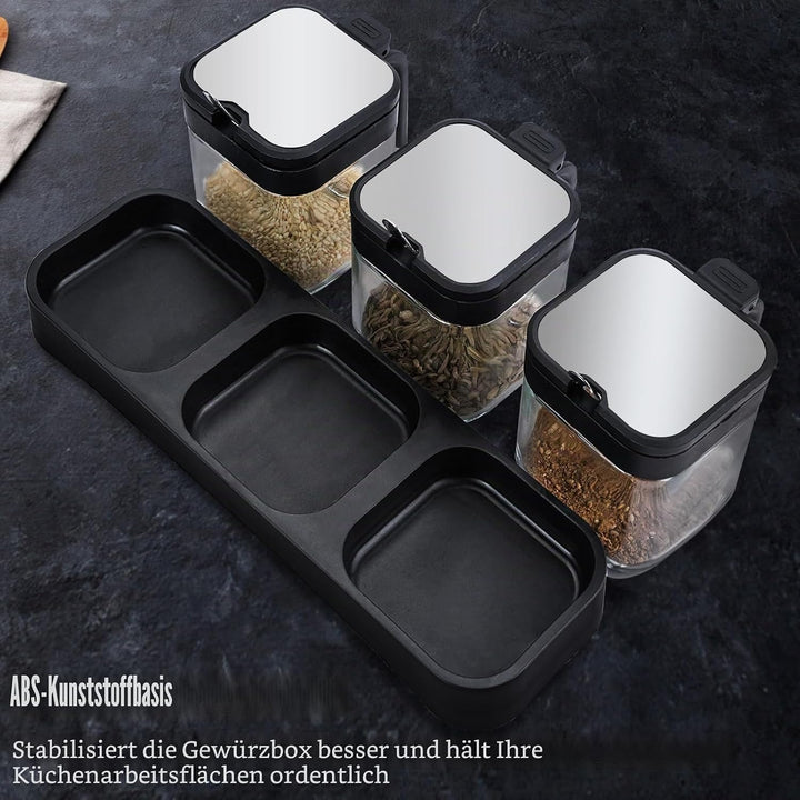 3 Stück gewürzstreuer mit Edelstahl Löffel, Glas Quadratische Gewürzbehälter mit Deckel und Basis, k