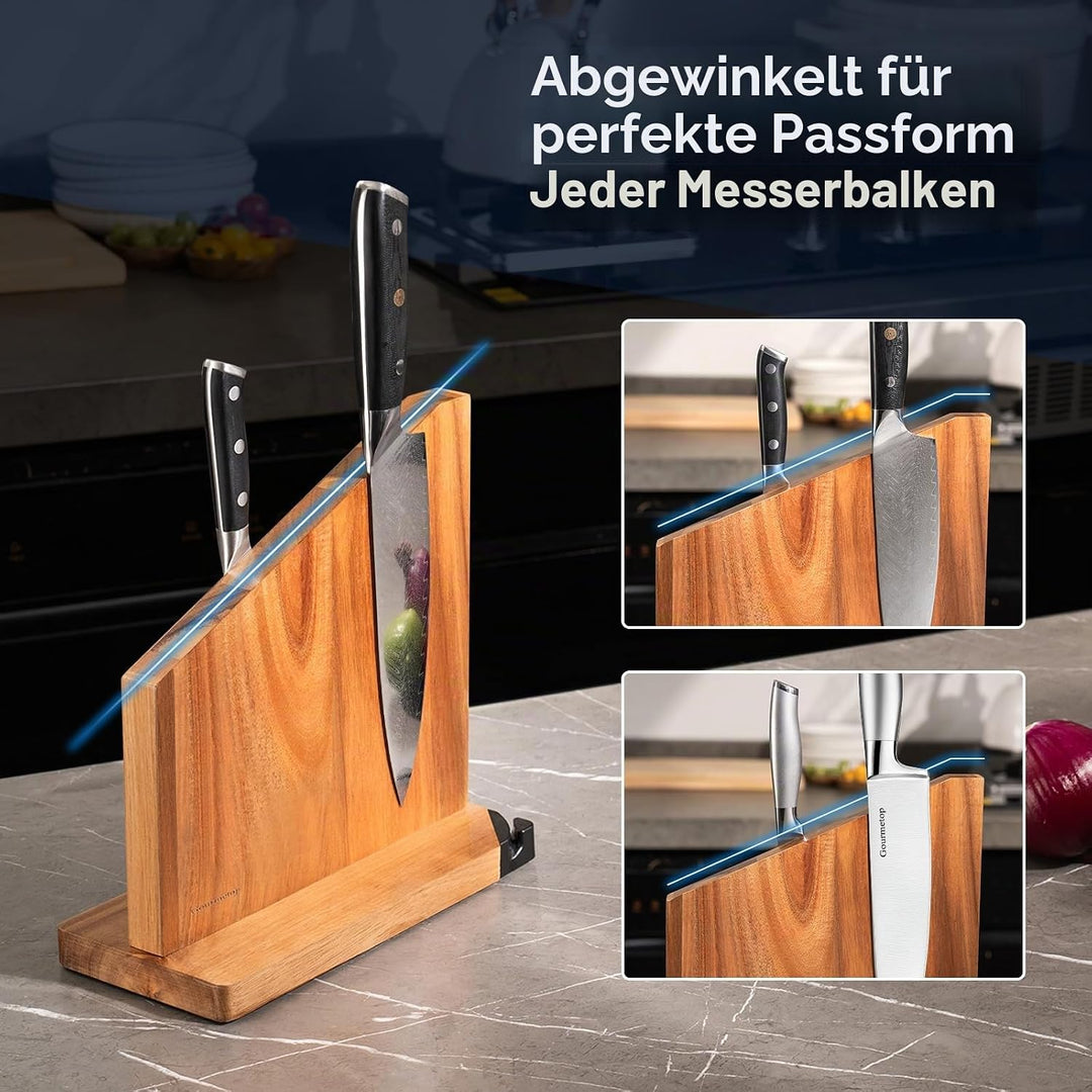 Messerblock Magnetisch mit Integriertem Schärfer, 100% Akazienholz Messerblock ohne Messer, Starker