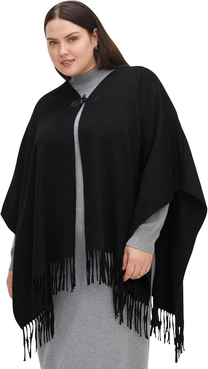 Sheego Damen Grosse Grössen Poncho im Cape-Stil, mit Fransen und Knebelverschluss Cardigan Freizeitm