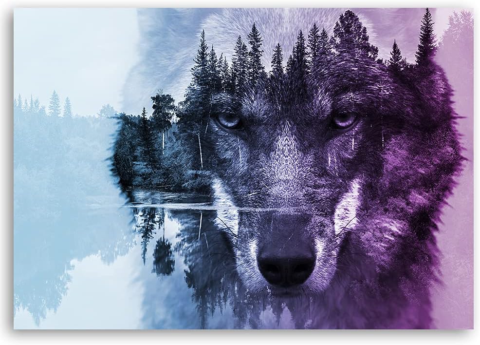 Feeby Vlies Leinwandbild Wolf Tier 80x60 cm Wand Bild Kunstdruck Deko Wohnzimmer Wohnungs Deko Wald