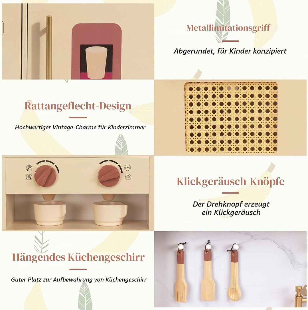 WoodenFun Rosa Retro Kinderküche aus Holz Creme-Beige Spielküche mit Mikrowelle, Backofen, Spüle &amp; Z