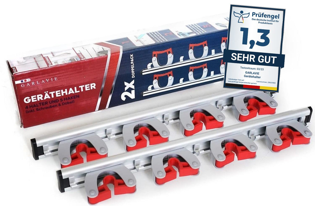 GARLAVIE Gerätehalter mit 4 Haltern und 5 Haken (45cm) I flexible Besenhalterung Wand für mehr Ordnu