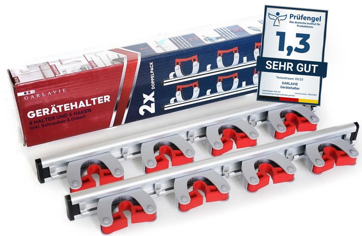 GARLAVIE Gerätehalter mit 4 Haltern und 5 Haken (45cm) I flexible Besenhalterung Wand für mehr Ordnu