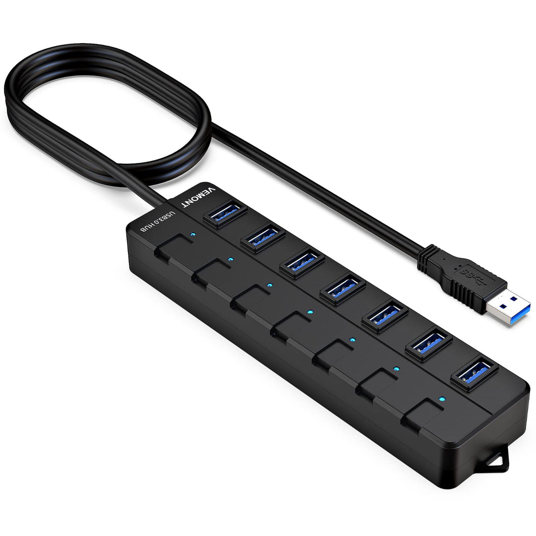 USB 3.0 Hub, VEMONT 7-Port USB Hub Splitter mit verlängertem 1.2m Kabel, USB Verteiler mit einzelnen