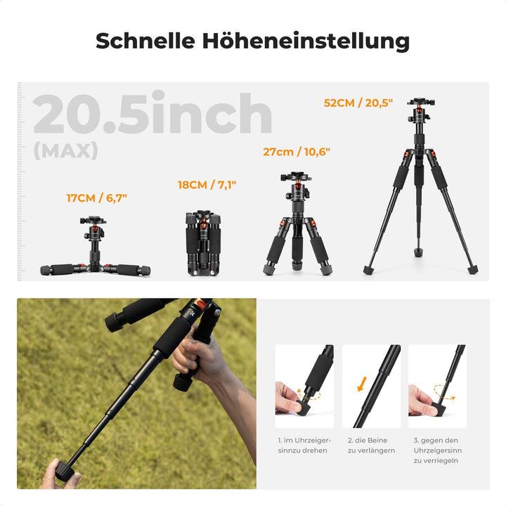 K&F Concept Mini Stativ,kompaktes Kamera Stativ mit 360° Kugelkopf,52 cm Desktop Stativ,Tischstativ