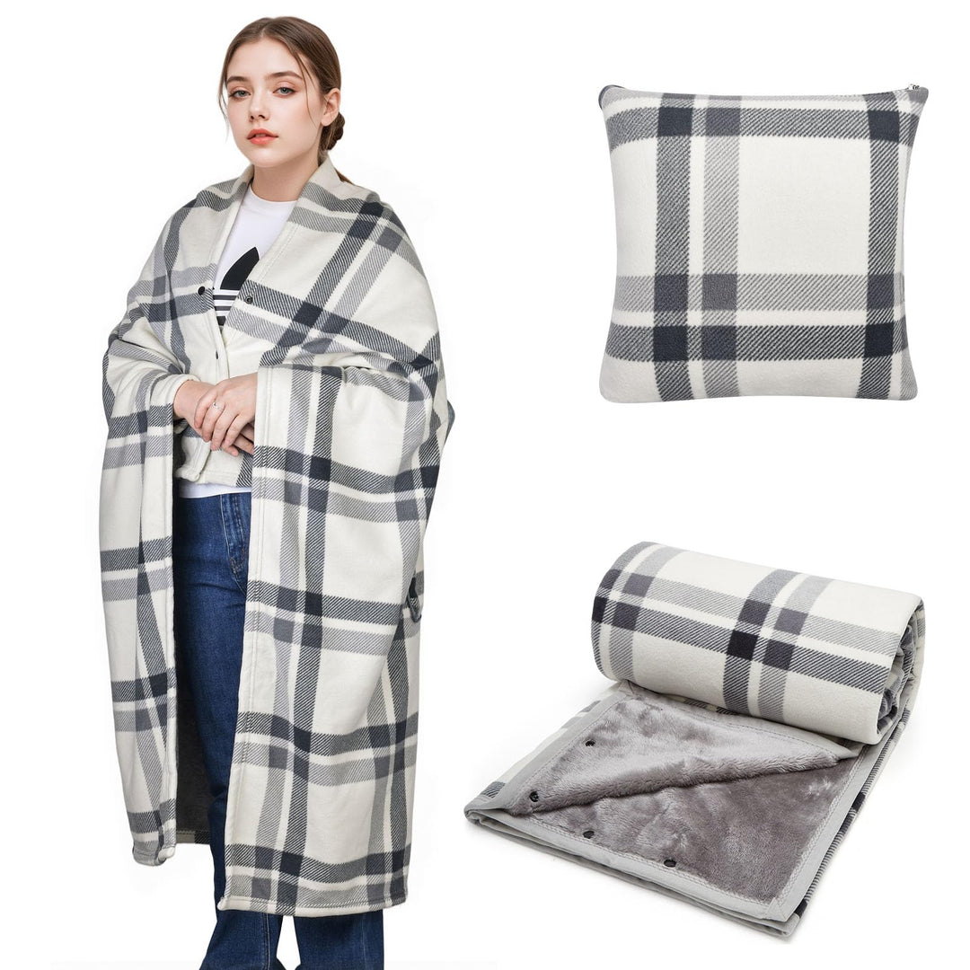 SIVENKE Tragbare Decke Kompaktes Kissen 2-in-1-Schossdecke Damen Poncho Fleece mit Knopf Karierte Ta