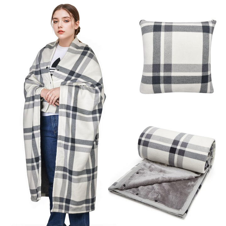SIVENKE Tragbare Decke Kompaktes Kissen 2-in-1-Schossdecke Damen Poncho Fleece mit Knopf Karierte Ta