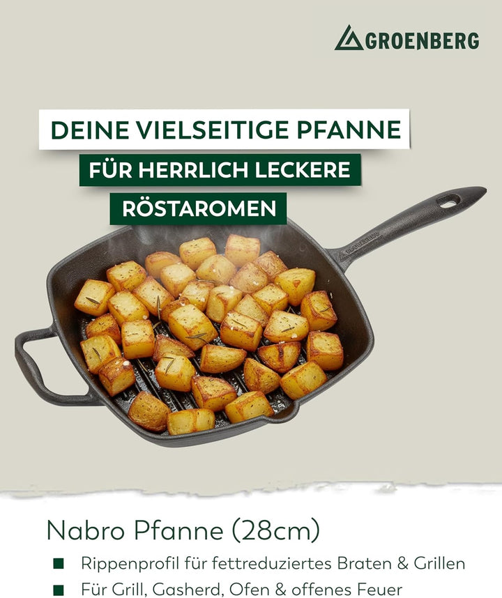 Grillpfanne Gusseisen Pfanne Nabro Bratpfanne Griff Quadratisch 28 cm