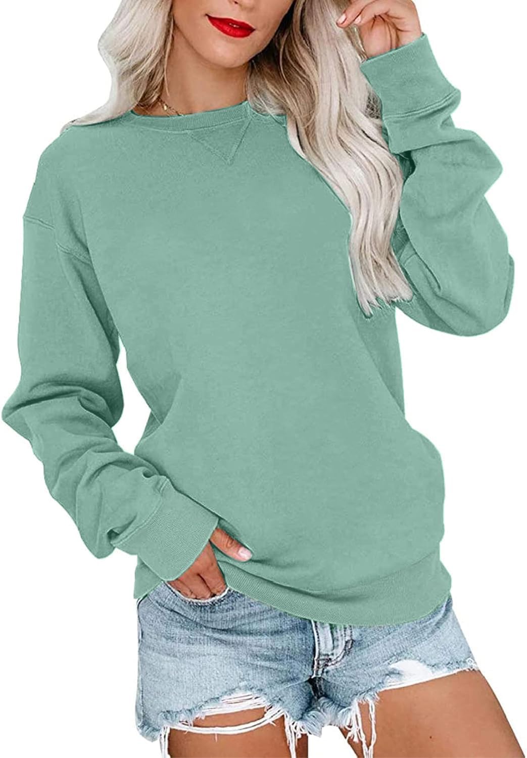 VIGVAN Damen Sweatshirt Pullover Elegant Basic Langarmshirt Rundhals Baumwolle Pulli Herbst Winter C