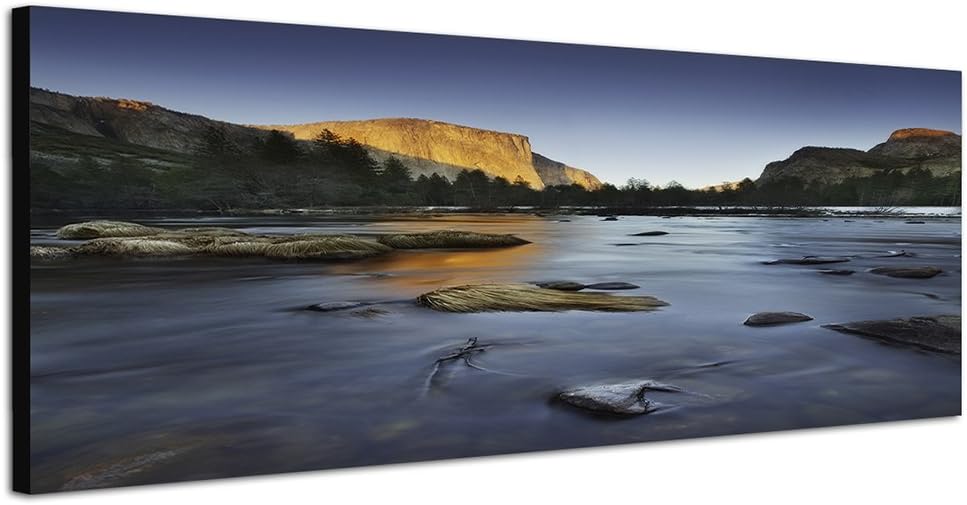 Paul Sinus Art Panoramabild auf Leinwand und Keilrahmen 150x50cm Felsen Bäume Fluss Steine Abendlich