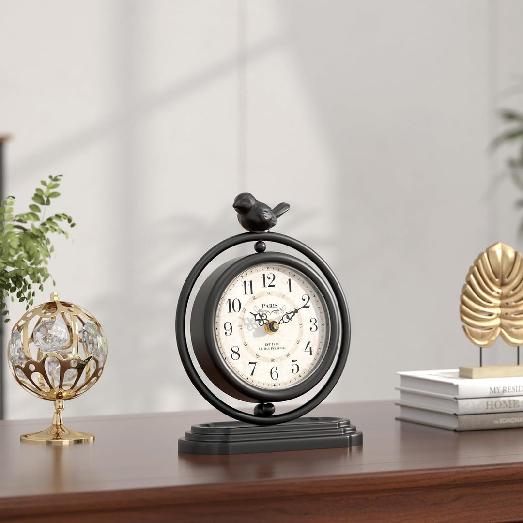 Schwarze Vintage-Tischuhr mit Vogel, europäischer Retro-Stil, Kaminuhr, Schreibtisch- und Regaldekor