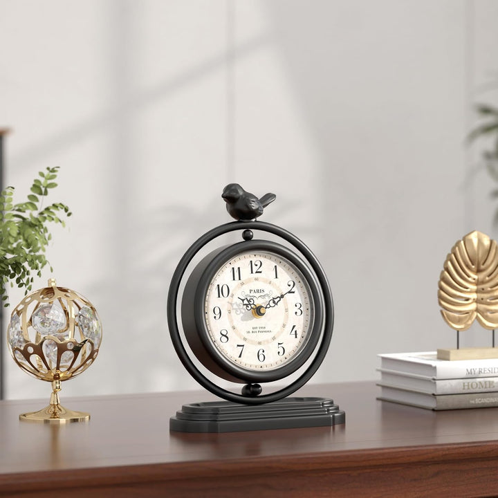Schwarze Vintage-Tischuhr mit Vogel, europäischer Retro-Stil, Kaminuhr, Schreibtisch- und Regaldekor