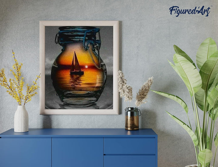 Figured'Art Diamond Painting Erwachsene 40x50cm Ganze Leinwand gerollt Segelboot und Vase 5D Bilder