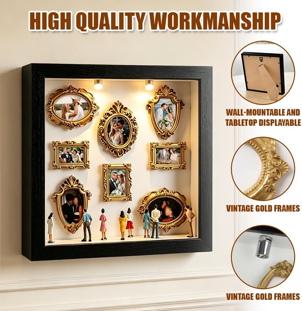 DIY Mini Museum Shadow Box mit LED Licht - Mini Bilderrahmen Vintage Set mit 8 Gold Rahmen & 8 Figur