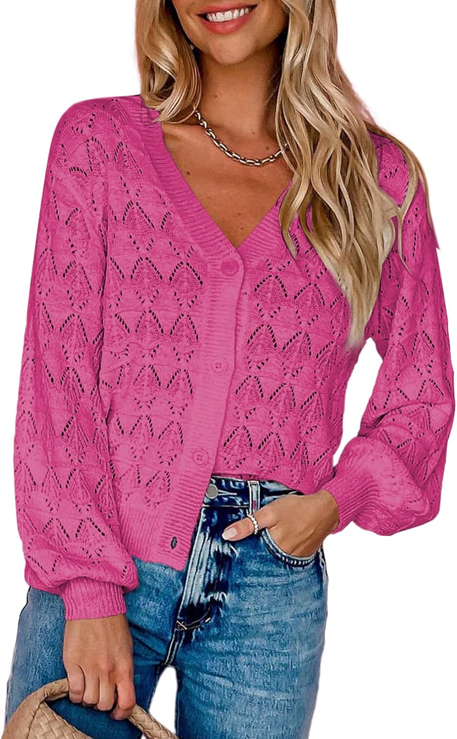Dokotoo Damen Strickjacke V-Ausschnitt Kurzer Cardigan Elegant Langarm Leichter Strickpullover mit K