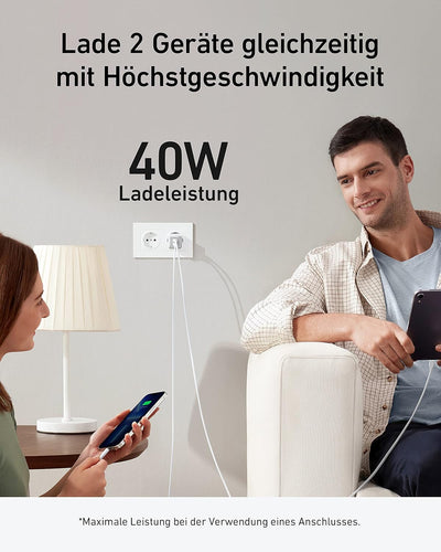 Anker 521 Ladegerät, Anker Nano Pro, Kompaktes 40W PIQ 3.0 Dual-Port USB-C Netzteil, Kompatibel mit