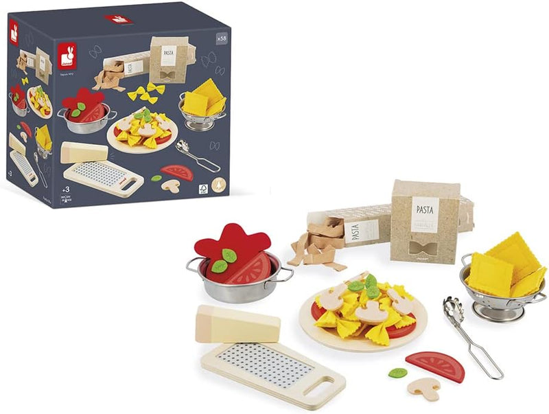 Janod - Pasta-Mix - Nudel-Set- Rollenspielzeug Küche und Essgeschirr - 58 Elemente aus Holz, Pappe u