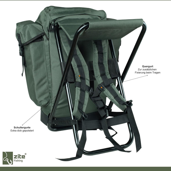 Zite Fishing Angelrucksack mit Stuhl - Rucksack-Stuhl Faltbar Angeln & Camping - Hocker Klappbar mit