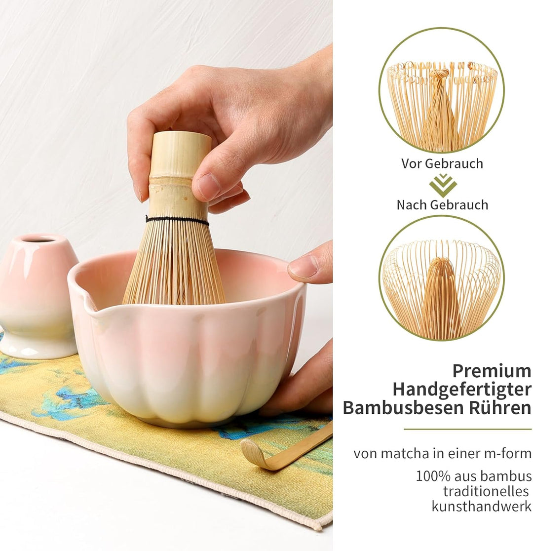 Traditionelles Japanisches Matcha Tee Zeremonie Set, 7-teilig, Bambus Besen, Keramik Schale mit Ausl