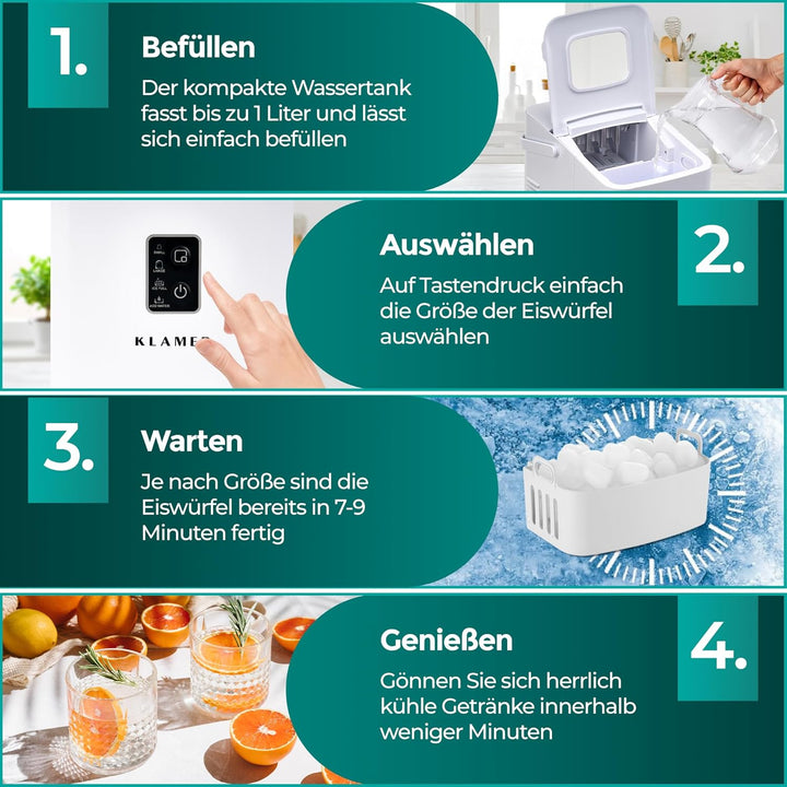 KLAMER Eiswürfelmaschine klein (2025), 8 Eiswürfel in 8 Minuten, 11 kg Eiswürfel pro Tag, 2 Eiswürfe