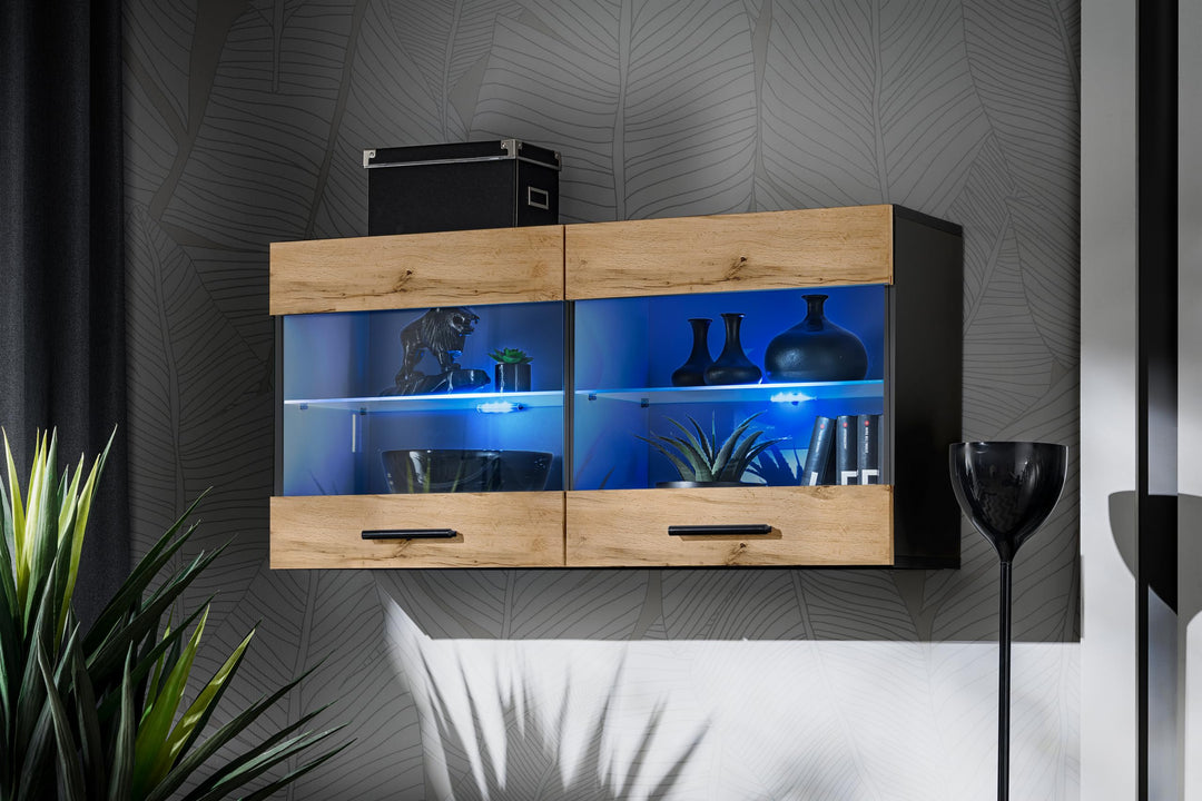 Komodee, Vitrine Schrank Savona, Wotan/Schwarz, Breite 100cm x Höhe 50cm x Tiefe 30cm, ohne LED, 2 G