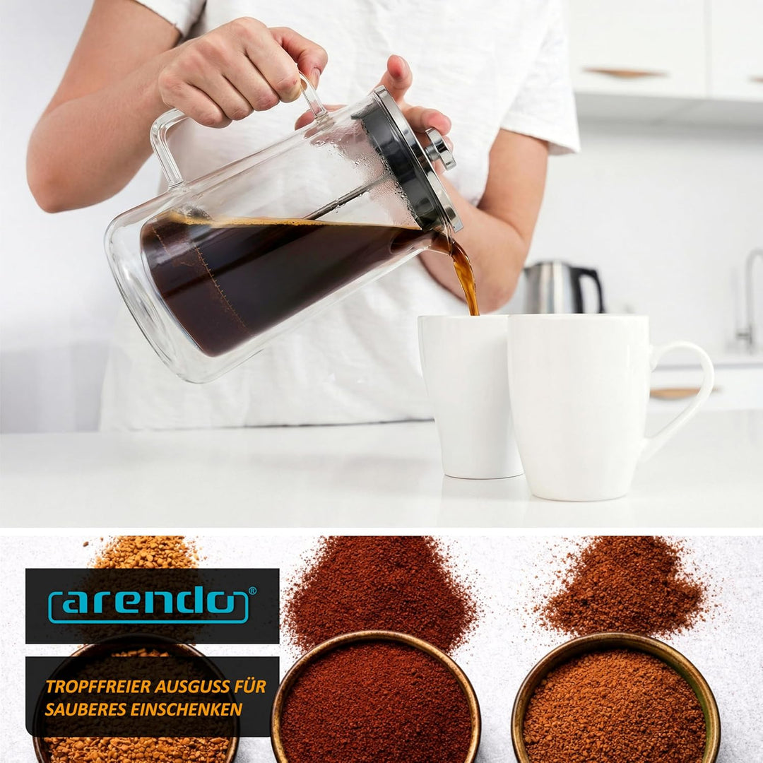 Arendo - French Press 1 Liter – Kaffeepresse - Thermo Doppelwand Design - aus Glas - Kaffeebereiter