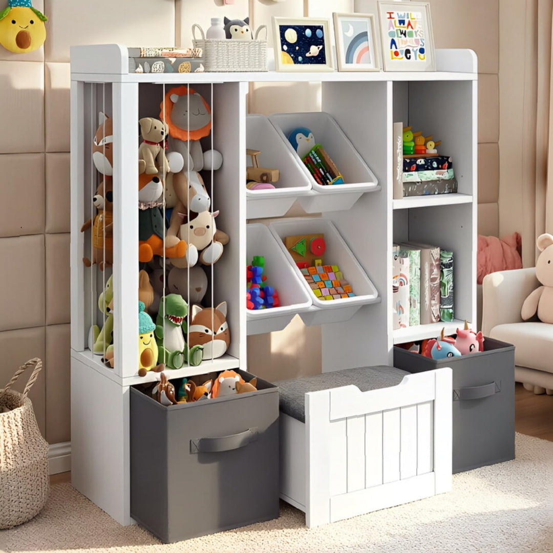 Jehiatek Kinderregal mit Stauraum-Sitzbank, Holz Spielzeugregal mit Kuscheltierfach, 2 Regalböden, 2
