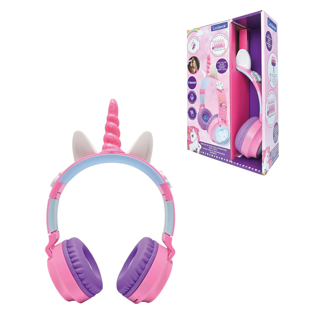 Lexibook, Faltbarer beleuchteter Bluetooth®- und kabelgebundener Kopfhörer mit 3D-Einhorn-Design und
