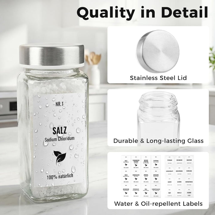 12pcs Gewürzgläser Eckig mit Edelstahldeckel, 120ml Glasbehälter mit Streueinsatz, Luftdichte Gewürz