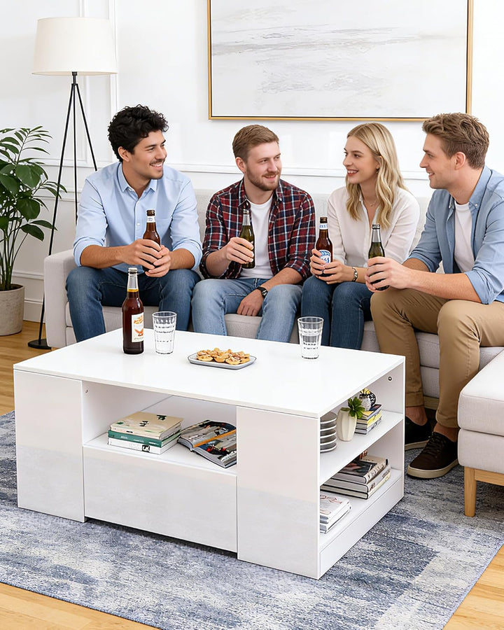LED Couchtisch Wohnzimmertisch mit Regal Hochglanz Modern Beistelltisch Kaffeetisch mit 2 Schubladen