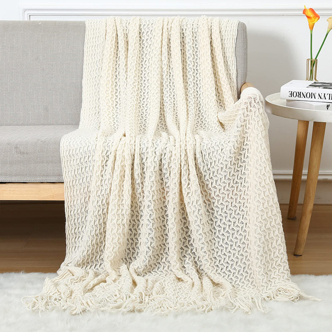 LumiSyne Zellulare Strickdecke Mit Quaste Einfarbige Zartes Hohlen Webmuster Weich Atmungsaktiv Sofa