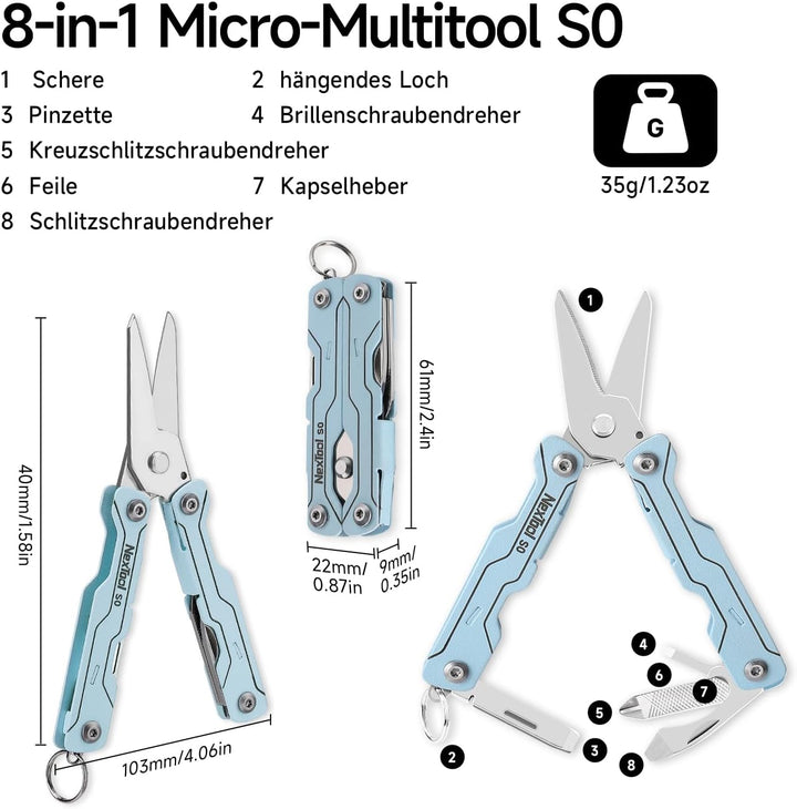 NexTool Multitool Mini Sailor Scissors S0,8-in-1 Micro Ultraleicht EDC Multitool für Schlüsselbund m