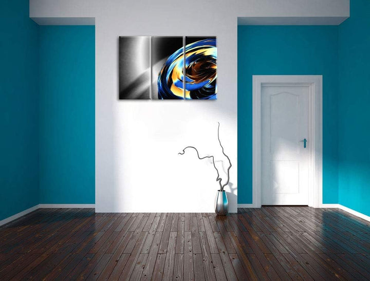 blaue abstrakte Form schwarz/weiss 3-Teiler Leinwandbild 120x80 Bild auf Leinwand, XXL riesige Bilde