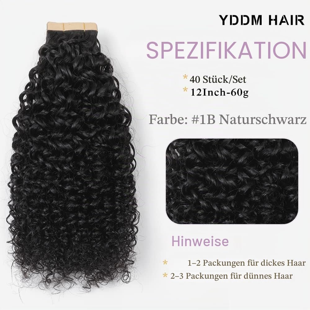 YDDM 12 Zoll Tape Extensions Echthaar 40 Stück 60g Schwarz Kinky Curly Tape In HaarverläNgerung Echt
