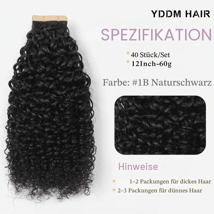 YDDM 12 Zoll Tape Extensions Echthaar 40 Stück 60g Schwarz Kinky Curly Tape In HaarverläNgerung Echt