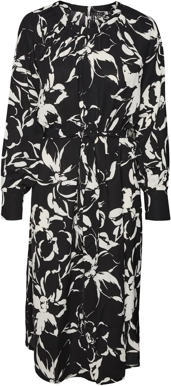 VERO MODA Damen Vmpolliana Inge Ls Calf Dress WVN Ga Kleid S Black/Aop:polliana, S Black/Aop:pollian